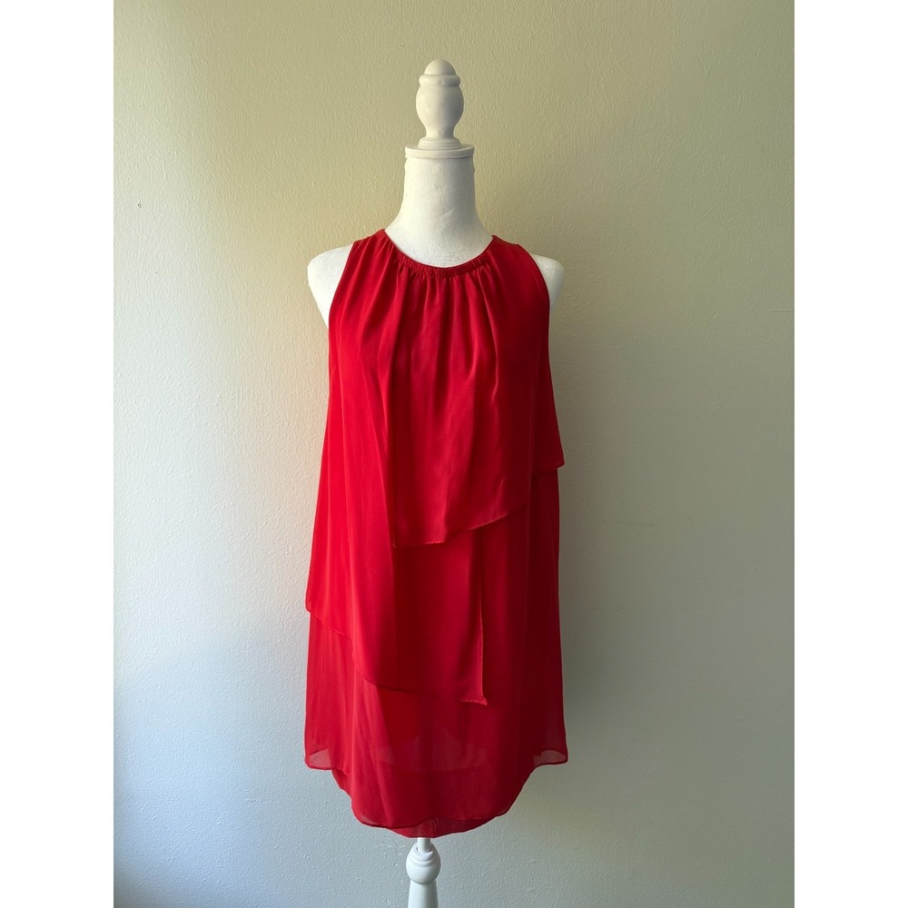 Sfera Red Sleeveless Shift Dress M Layered Ruffle Sheer Overlay Cocktail Party